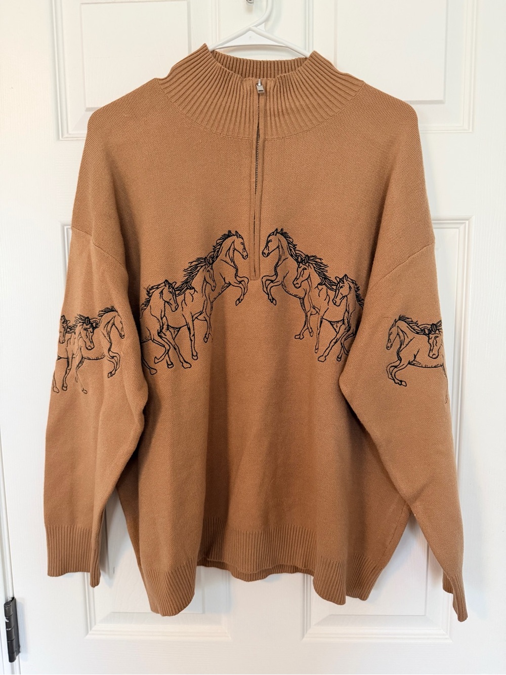 Chelsea and Theodore Horse Motif Quarter-Zip Sweater Brown 2X